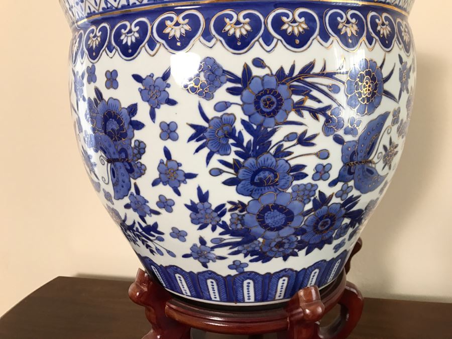 Large Contemporary Blue And Gold Chinese Planter Bowl With Wooden Stand [Photo 7]
