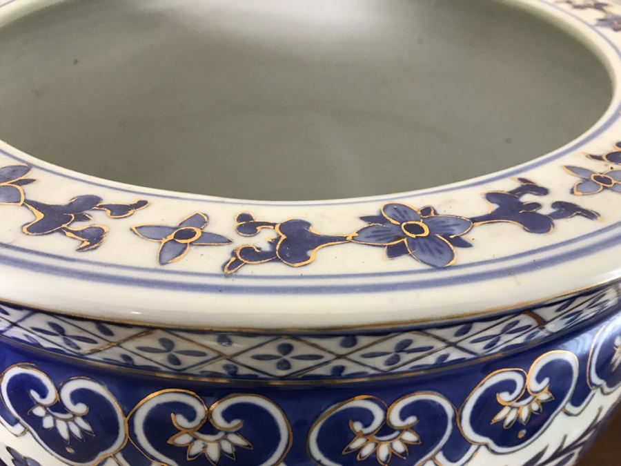 Large Contemporary Blue And Gold Chinese Planter Bowl With Wooden Stand [Photo 5]