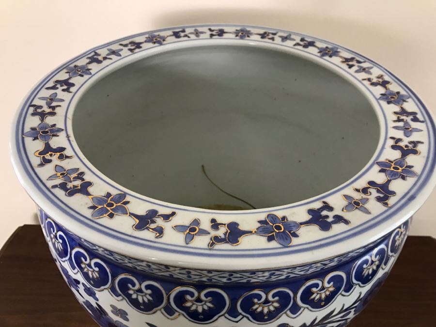 Large Contemporary Blue And Gold Chinese Planter Bowl With Wooden Stand [Photo 4]