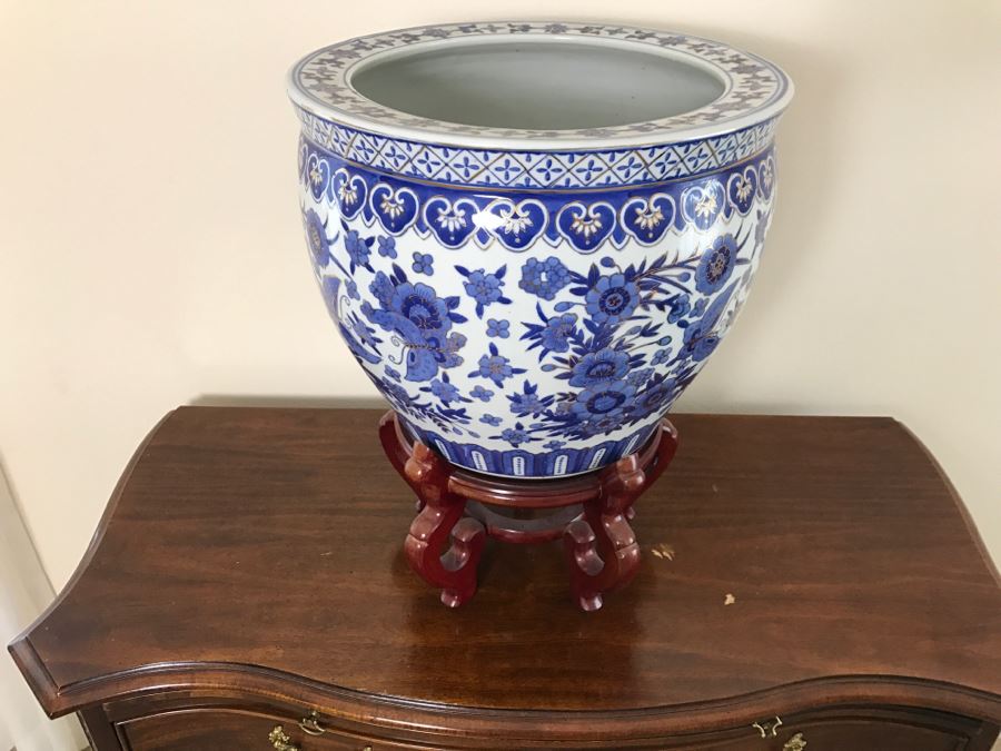 Large Contemporary Blue And Gold Chinese Planter Bowl With Wooden Stand [Photo 2]