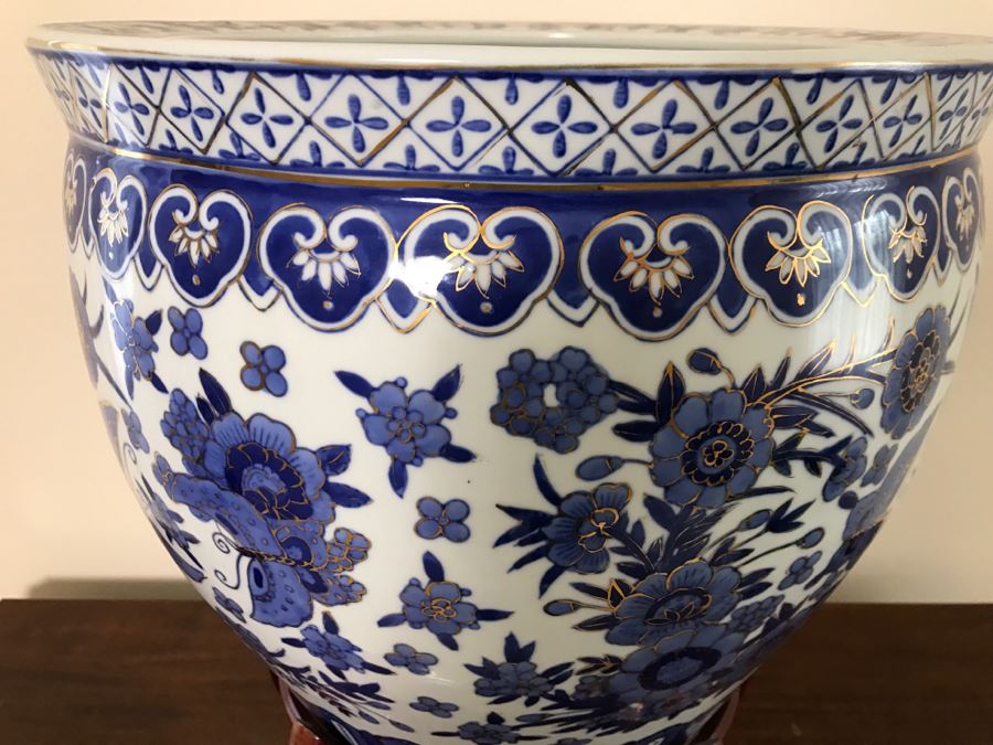Large Contemporary Blue And Gold Chinese Planter Bowl With Wooden Stand [Photo 6]