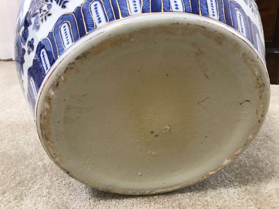 Large Contemporary Blue And Gold Chinese Planter Bowl With Wooden Stand [Photo 9]