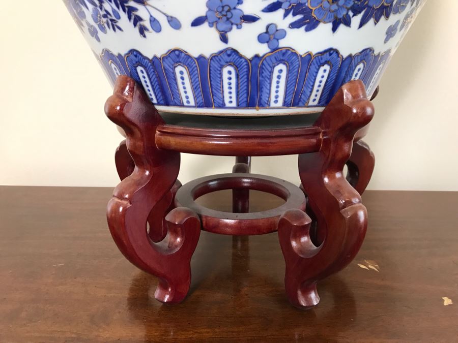 Large Contemporary Blue And Gold Chinese Planter Bowl With Wooden Stand [Photo 8]