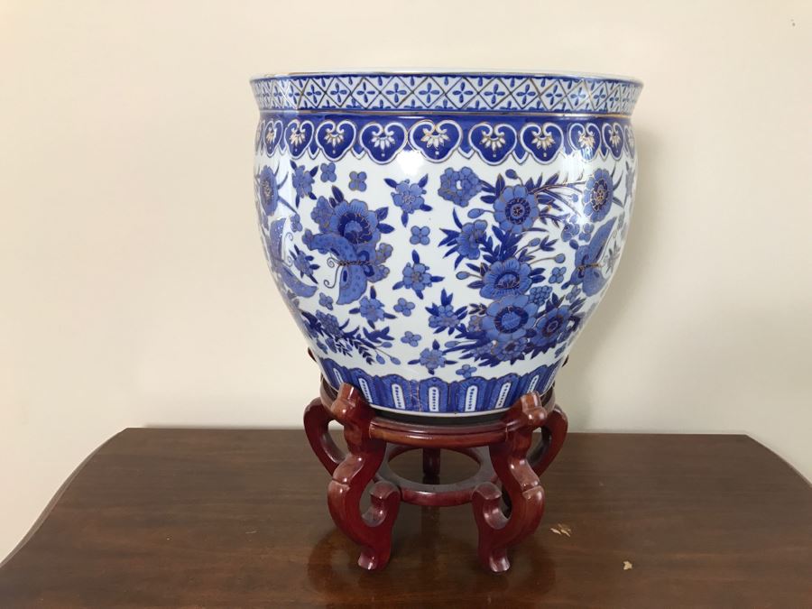 Large Contemporary Blue And Gold Chinese Planter Bowl With Wooden Stand