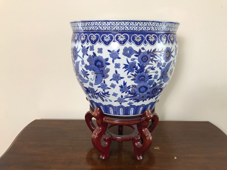 Large Contemporary Blue And Gold Chinese Planter Bowl With Wooden Stand [Photo 1]