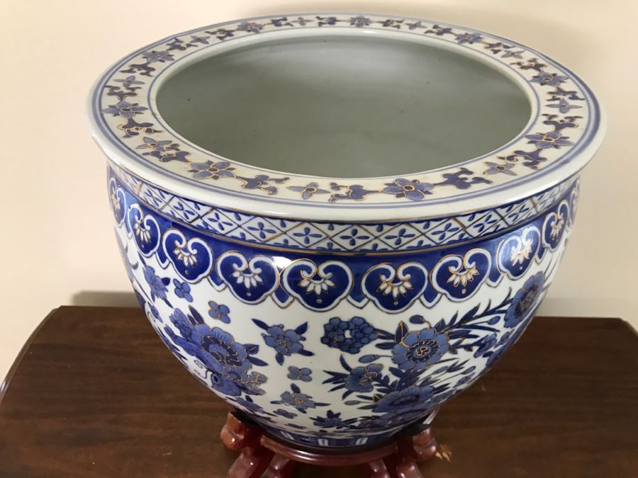 Large Contemporary Blue And Gold Chinese Planter Bowl With Wooden Stand [Photo 3]