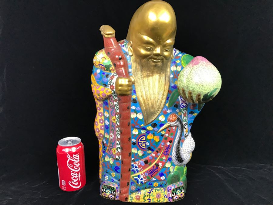 Large Chinese Cloisonne Figure Of Sage Holding Staff [Photo 2]