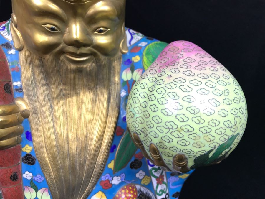 Large Chinese Cloisonne Figure Of Sage Holding Staff [Photo 5]
