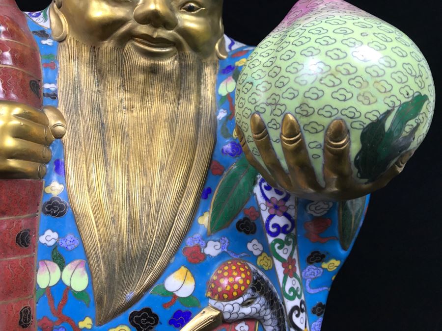 Large Chinese Cloisonne Figure Of Sage Holding Staff [Photo 6]