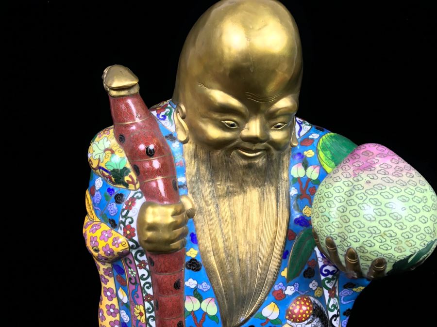 Large Chinese Cloisonne Figure Of Sage Holding Staff [Photo 3]