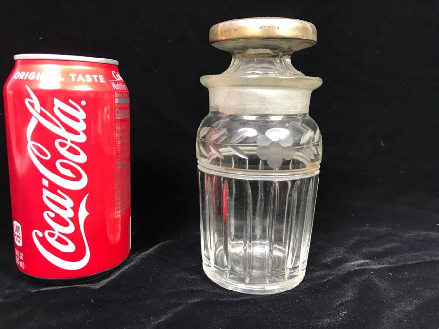 Large Vintage Cut Glass Bottle With Sterling Silver Stopper