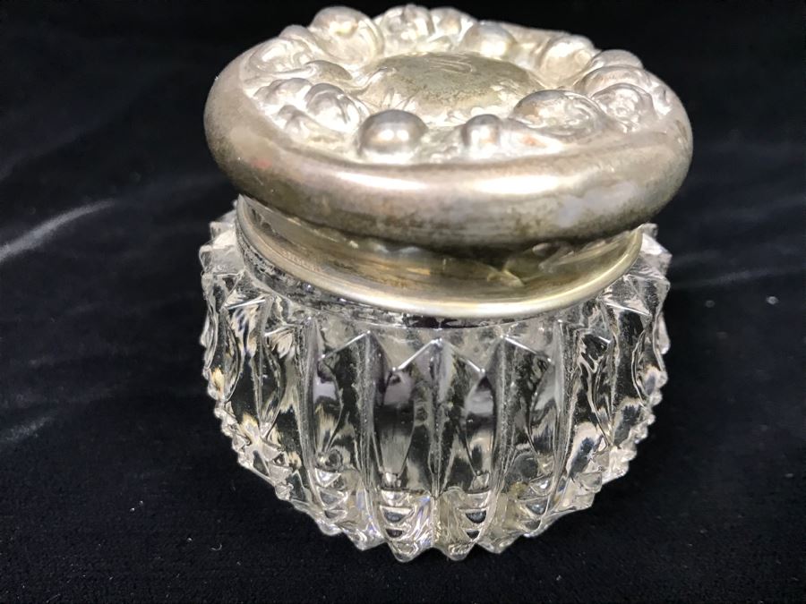 Glass Trinket Box With Repoussé Sterling Silver Lid