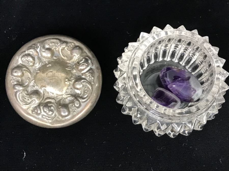 Glass Trinket Box With Repoussé Sterling Silver Lid [Photo 8]