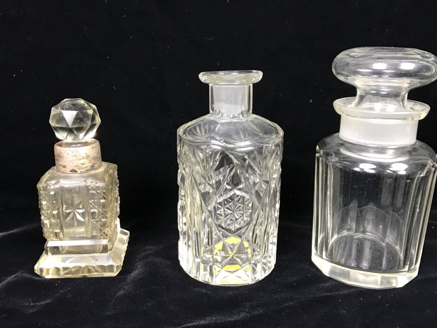 (3) Glass Bottles One With Sterling Silver Neck