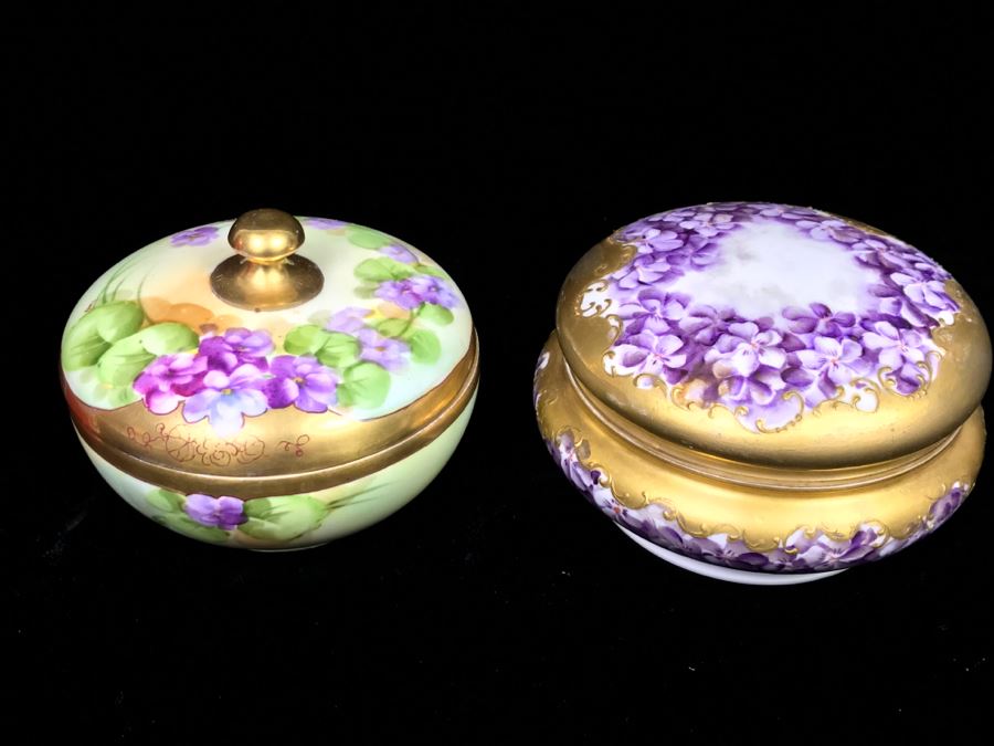 Hand Painted French Dresser Jar With Violets And Pickard China Lidded Trinket Box [Photo 3]