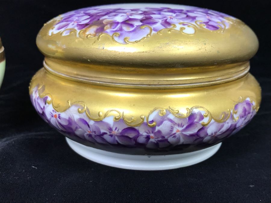 Hand Painted French Dresser Jar With Violets And Pickard China Lidded Trinket Box [Photo 5]
