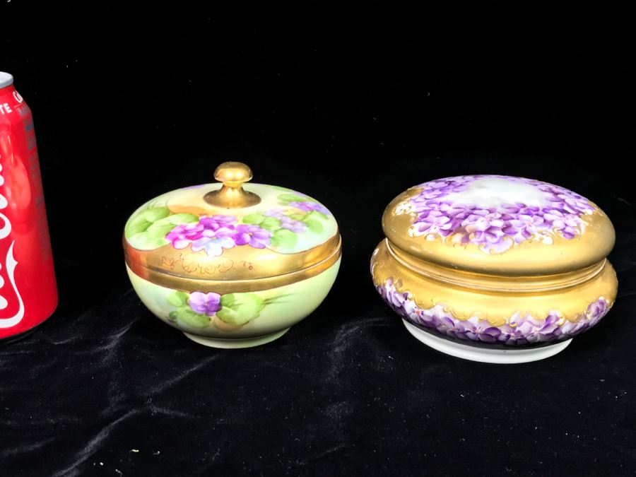Hand Painted French Dresser Jar With Violets And Pickard China Lidded Trinket Box [Photo 2]