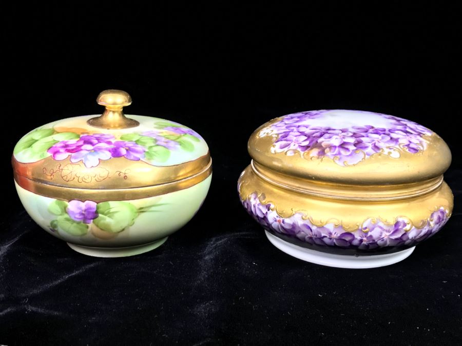 Hand Painted French Dresser Jar With Violets And Pickard China Lidded Trinket Box