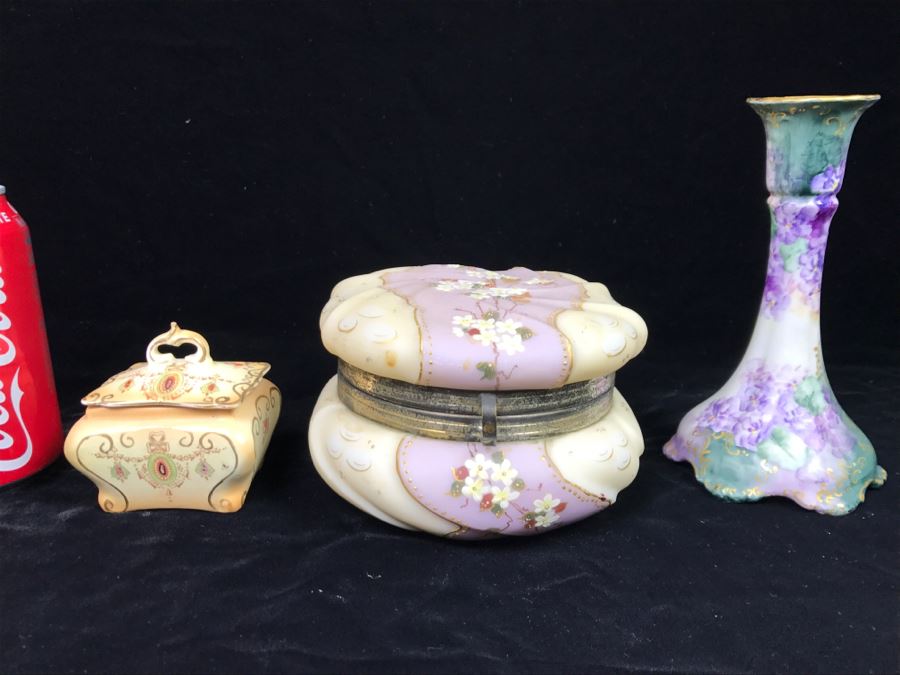 Vintage Round Lidded Trinket Jewelry Box, Limoges France Candlestick And Hand Painted Trinket Box