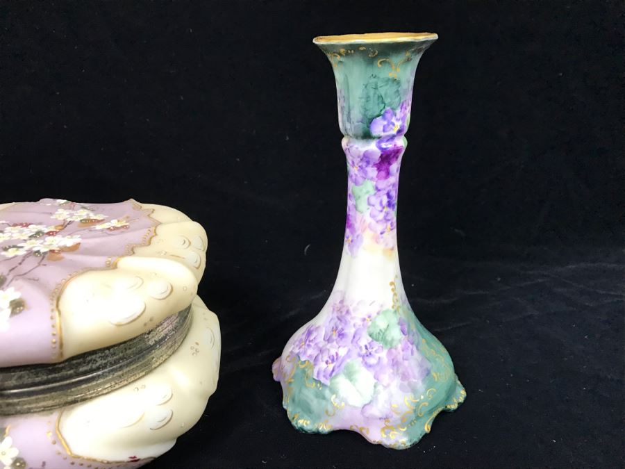 Vintage Round Lidded Trinket Jewelry Box, Limoges France Candlestick And Hand Painted Trinket Box [Photo 6]