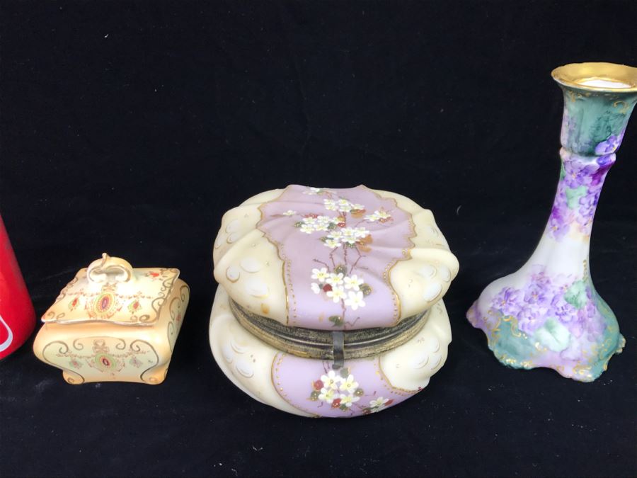 Vintage Round Lidded Trinket Jewelry Box, Limoges France Candlestick And Hand Painted Trinket Box [Photo 2]