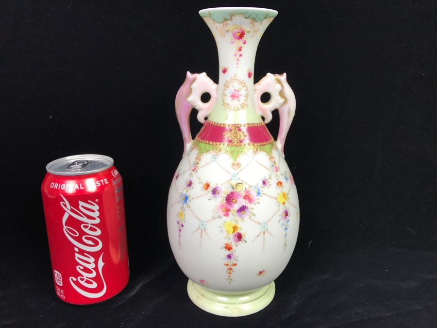 Vintage Signed Asian Hand Painted Double Handled Vase