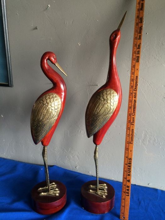Pair of Large Wooden and Brass Ornamental Birds [Photo 2]