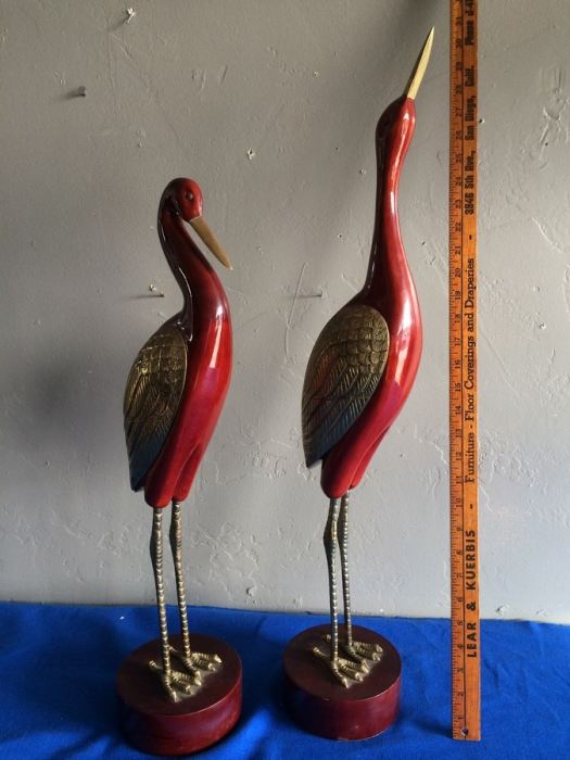 Pair of Large Wooden and Brass Ornamental Birds [Photo 1]