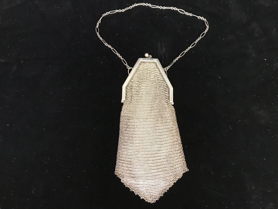 Vintage Sterling Silver Mesh Purse Handbag With Chain 74g [Photo 1]