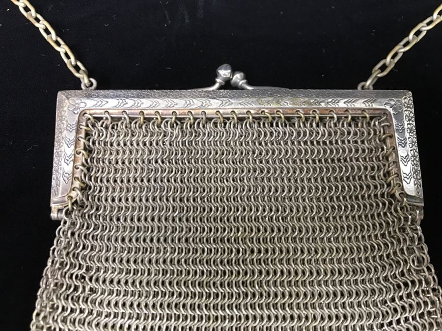 Vintage German Silver Mesh Purse Handbag With Chain