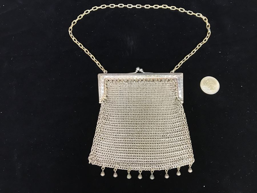 Vintage German Silver Mesh Purse Handbag With Chain