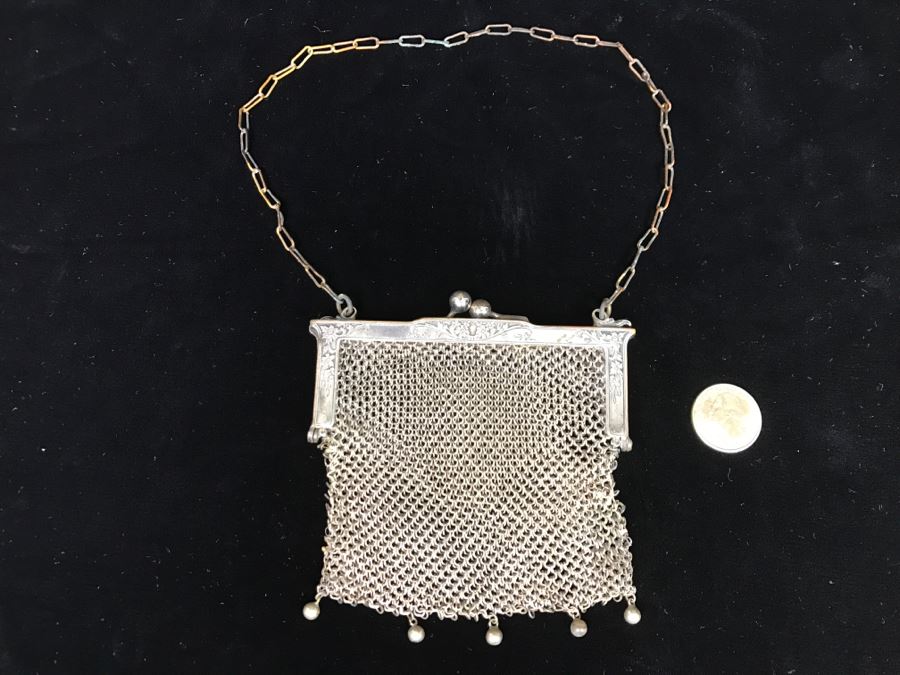 Vintage German Silver Mesh Purse Handbag With Chain