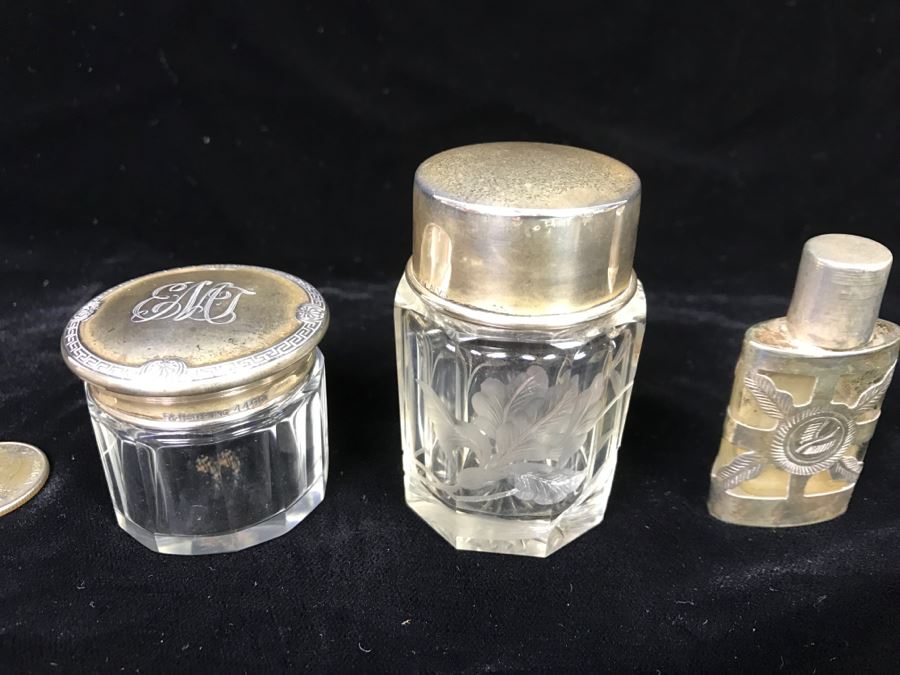 Set Of (3) Glass Bottles With Sterling Silver Lids [Photo 2]
