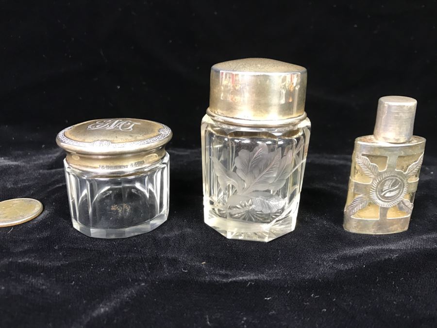 Set Of (3) Glass Bottles With Sterling Silver Lids