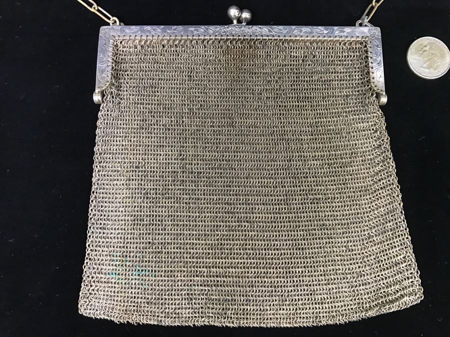 Vintage German Silver Mesh Purse Handbag With Chain [Photo 4]
