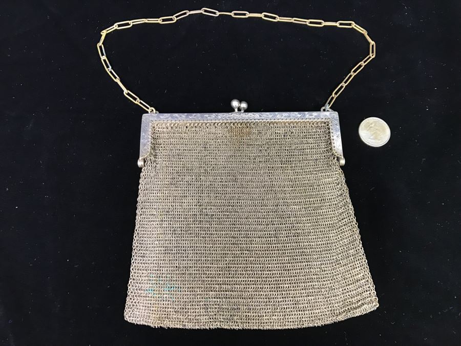 Vintage German Silver Mesh Purse Handbag With Chain