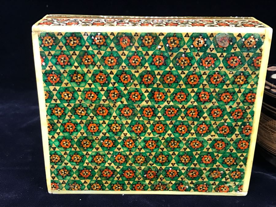 Detailed Inlaid Rectangular Box And Carved Round Wooden Trinket Box [Photo 21]