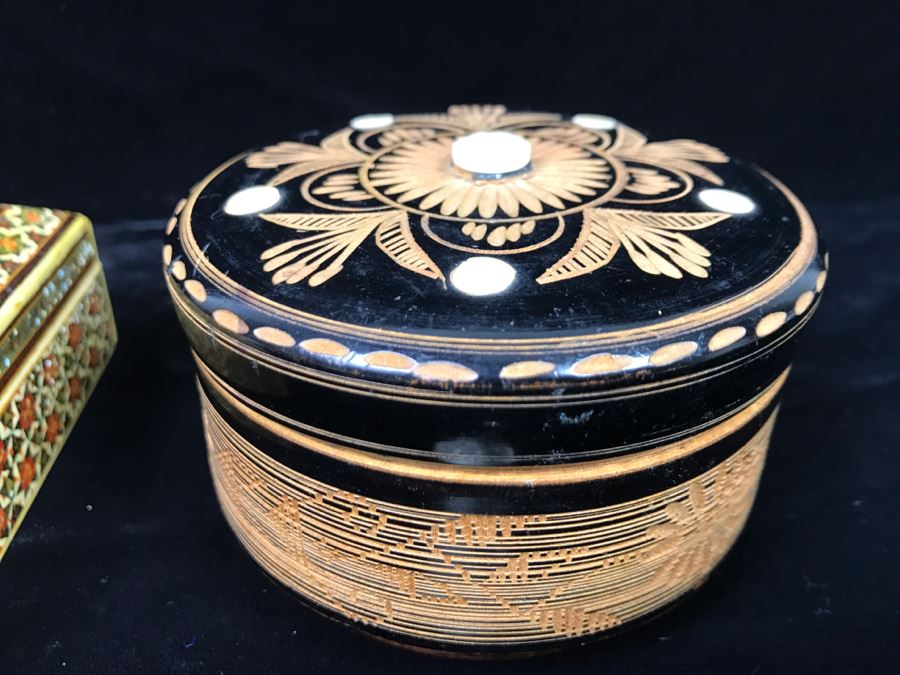 Detailed Inlaid Rectangular Box And Carved Round Wooden Trinket Box [Photo 14]