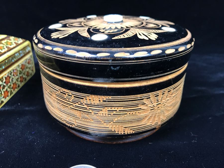Detailed Inlaid Rectangular Box And Carved Round Wooden Trinket Box [Photo 16]