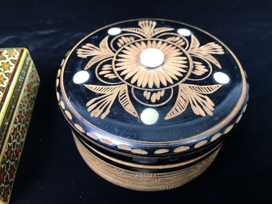 Detailed Inlaid Rectangular Box And Carved Round Wooden Trinket Box [Photo 15]