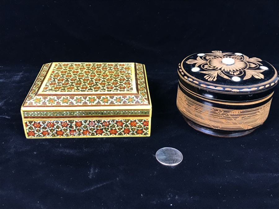 Detailed Inlaid Rectangular Box And Carved Round Wooden Trinket Box [Photo 1]