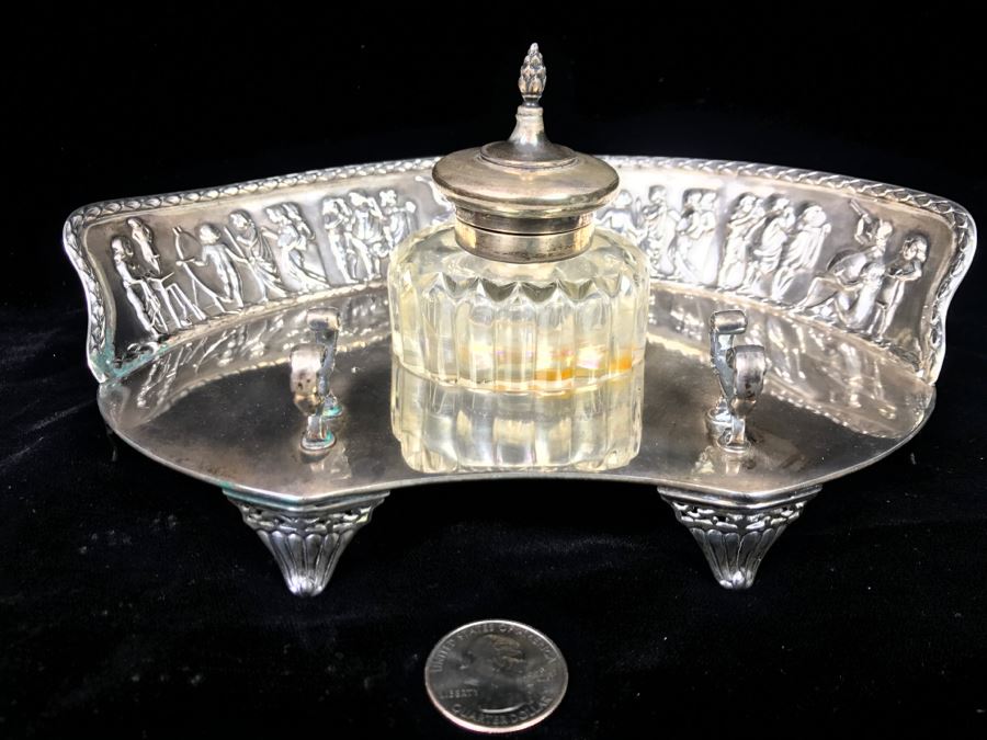 Sterling Silver Repoussé Inkwell Stand With Pen Holder And Inkwell With Sterling Silver Lid By William Comyns & Sons Ltd Stand Alone Weighs 204g Of Sterling [Photo 2]