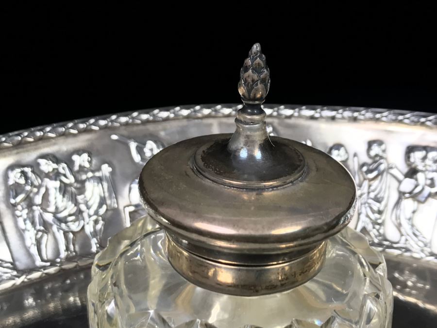Sterling Silver Repoussé Inkwell Stand With Pen Holder And Inkwell With Sterling Silver Lid By William Comyns & Sons Ltd Stand Alone Weighs 204g Of Sterling [Photo 5]