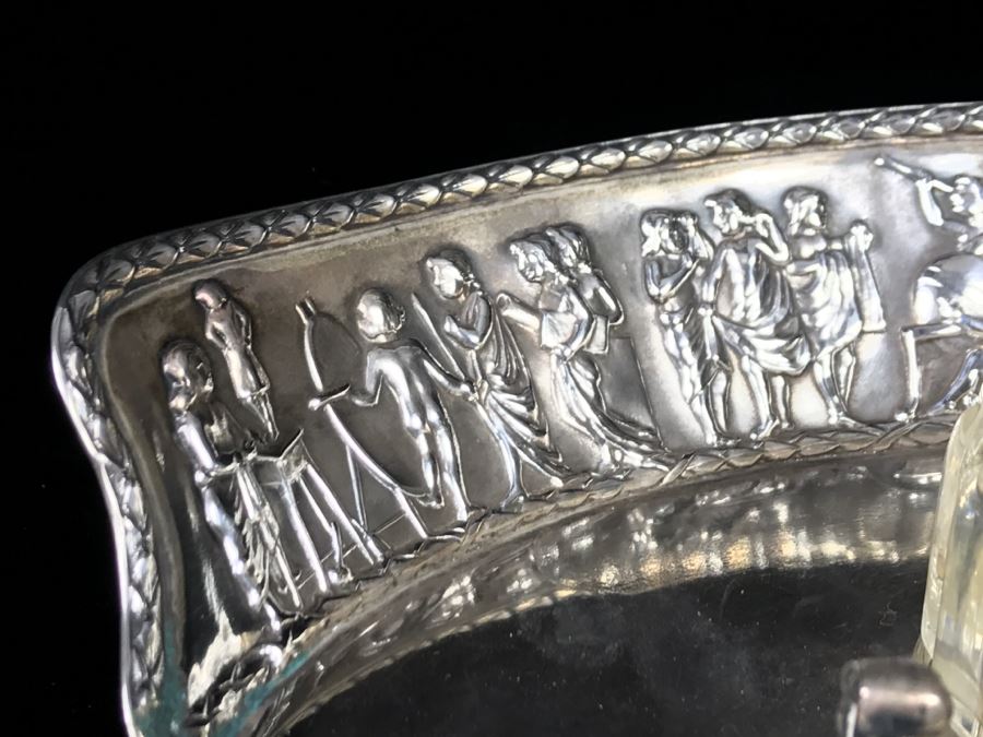 Sterling Silver Repoussé Inkwell Stand With Pen Holder And Inkwell With Sterling Silver Lid By William Comyns & Sons Ltd Stand Alone Weighs 204g Of Sterling [Photo 4]