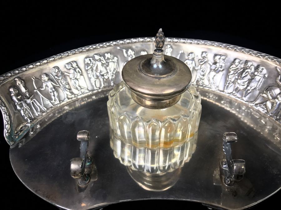 Sterling Silver Repoussé Inkwell Stand With Pen Holder And Inkwell With Sterling Silver Lid By William Comyns & Sons Ltd Stand Alone Weighs 204g Of Sterling [Photo 3]