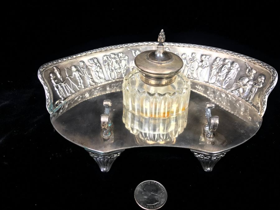Sterling Silver Repoussé Inkwell Stand With Pen Holder And Inkwell With Sterling Silver Lid By William Comyns & Sons Ltd Stand Alone Weighs 204g Of Sterling [Photo 1]