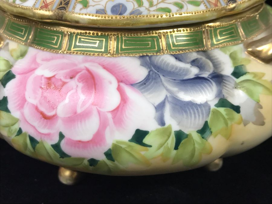 Stunning Hand Painted NIPPON Japanese Covered Footed Bowl Hairline Cracks In Bottom And Lid [Photo 8]