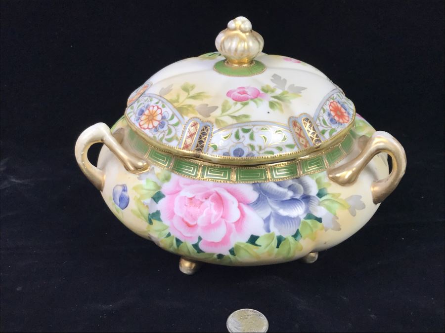 Stunning Hand Painted NIPPON Japanese Covered Footed Bowl Hairline Cracks In Bottom And Lid [Photo 3]