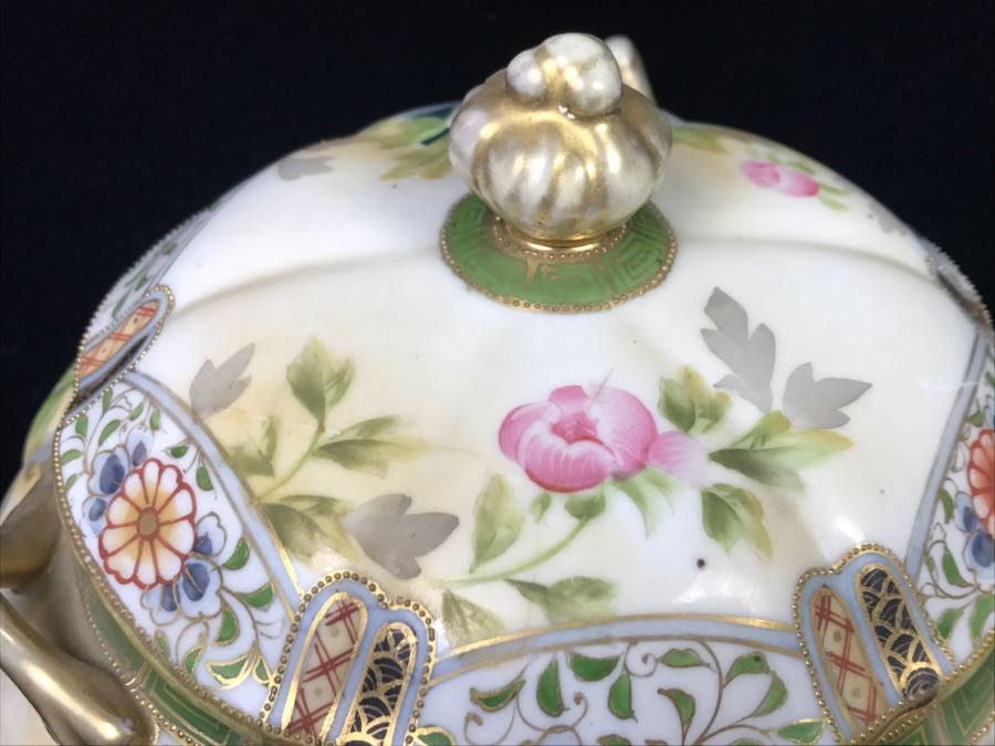 Stunning Hand Painted NIPPON Japanese Covered Footed Bowl Hairline Cracks In Bottom And Lid [Photo 5]