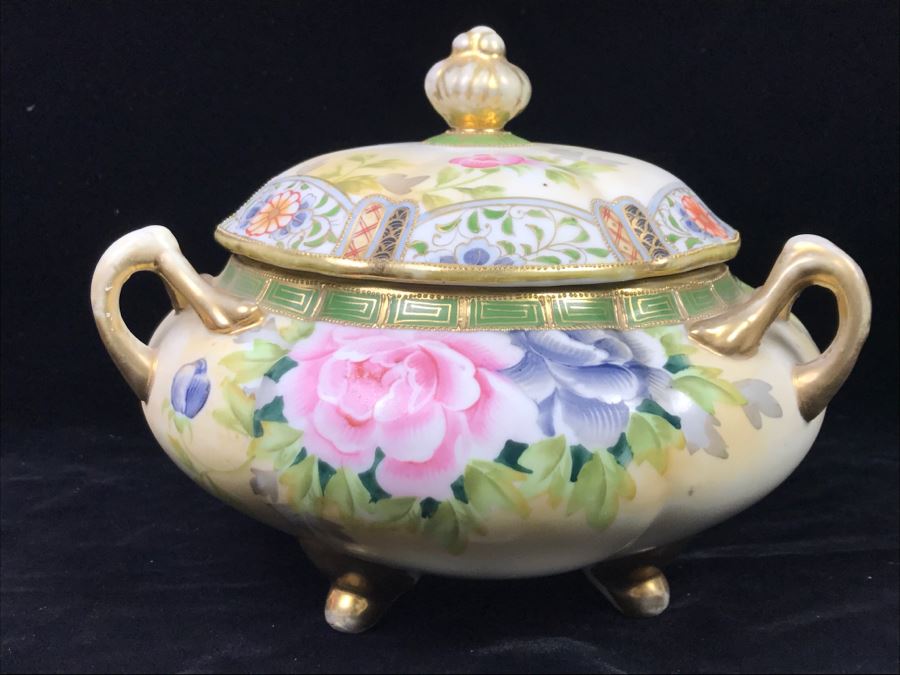 Stunning Hand Painted NIPPON Japanese Covered Footed Bowl Hairline